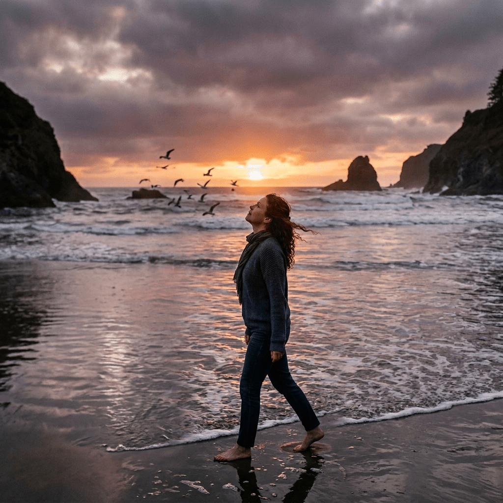Three images of the same woman on a beach during sunset showing sadness, contemplation, and joy